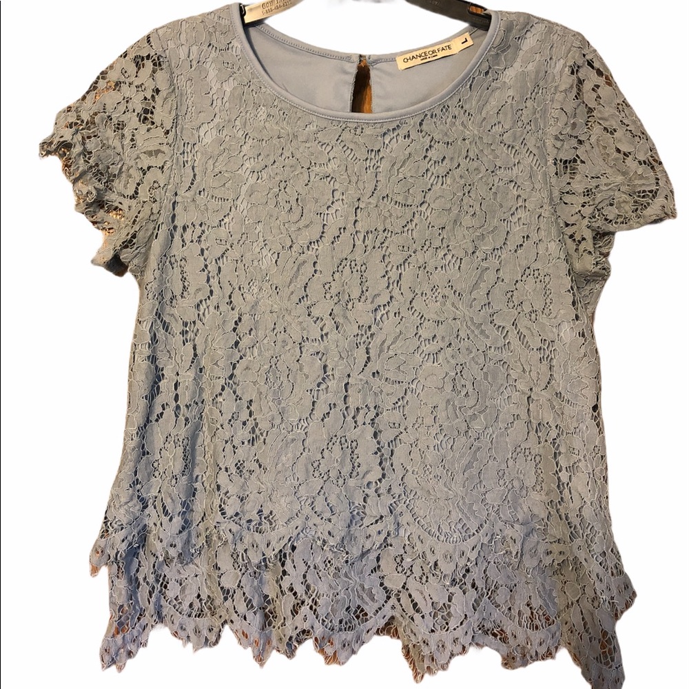 Blue Eyelash Lace Shirt Sleeve Blouse L